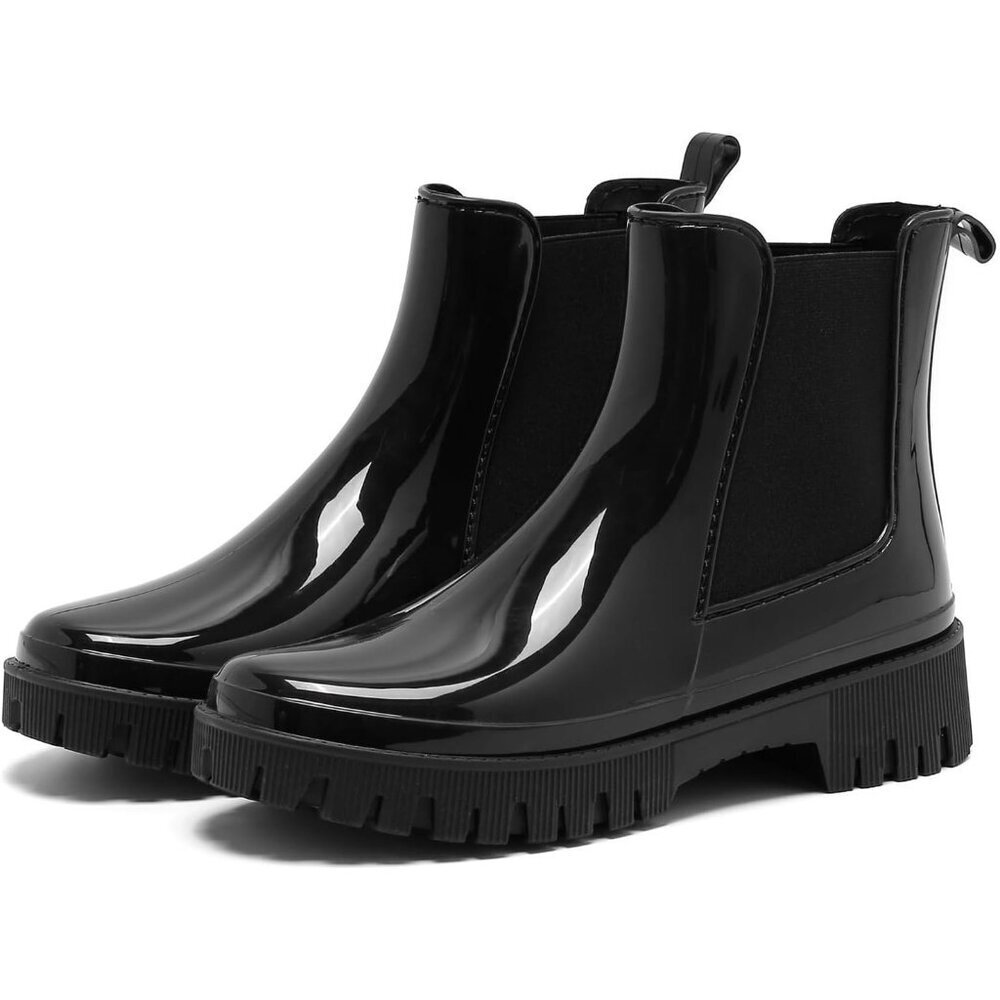 Women's Black Rubber Durable Non-Slip Elastic Elastic Comfortable Rain Boots